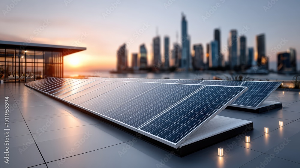 Fototapeta premium Modern Solar Panels on Rooftop Overlooking City Skyline at Sunset, Renewable Energy Concept