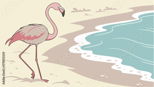 Pink Flamingo on a Beach Summer Vacation Tropical Bird Illustration.
