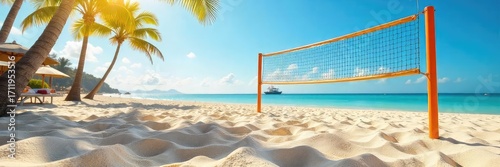 A sunny day at the beach, featuring a sand volleyball court with a net and soft sand Ready for a game of friendly competition under the bright sun , healthy, fitness, volleyball