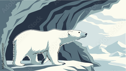 Polar Bear in Arctic Cave Winter Landscape Illustration Wildlife Art.