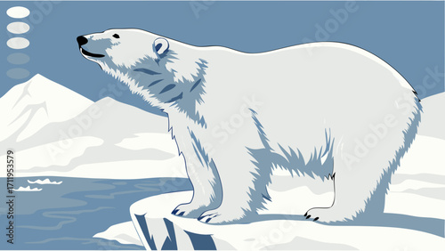 Polar Bear Standing on Ice Floe in Arctic Landscape Wildlife Illustration Winter Scene.