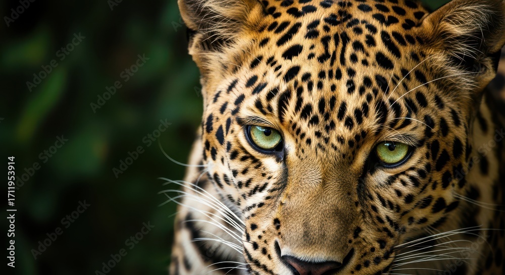 Obraz premium Majestic Leopard with Piercing Green Eyes in Lush Forest Setting
