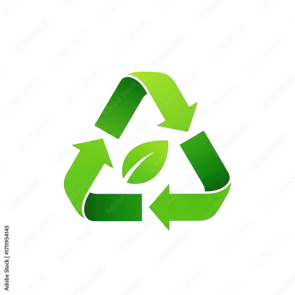 Obraz premium Green recycling symbol with a leaf in the center isolated on transparent background
