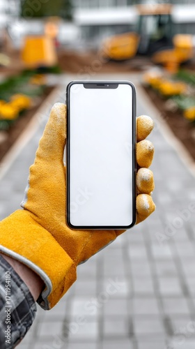 Construction worker showing smartphone with blank screen at construction site