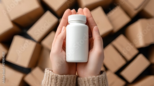 Pharmacist holding white plastic pill bottle with blurred cardboard boxes background
