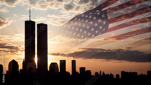 Silhouette of the twin towers and new york city skyline at sunset with the american flag superimposed, symbolizing remembrance and patriotism