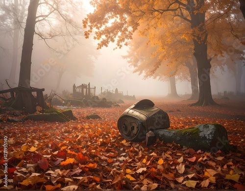 Wallpaper Mural Peaceful Autumn Landscape with Fog and Fallen Leaves in Forest Torontodigital.ca