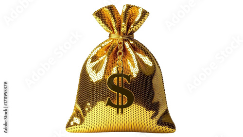 A shiny gold money bag with a dollar sign Isolated on Transparent Background
