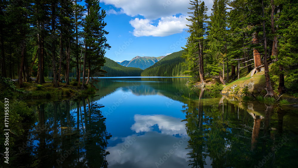 Fototapeta premium A serene lake reflects the surrounding forest and sky creating a peaceful and picturesque natural landscape with mountains in the distance