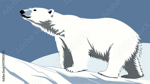 Stylized Polar Bear on Snowy Landscape Arctic Animal Illustration Wildlife Art Winter Scene.