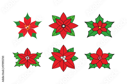 Collection of six poinsettia flower icons on transparent background
