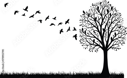 Silhouette, tree with birds, flying flock, nature scene, freedom, black and white, artistic design, grass field, migration, wildlife, abstract art