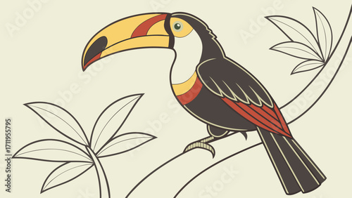 Stylized Toucan Illustration Tropical Bird Artwork Colorful Bird on Branch Jungle Bird Design Vector Illustration of Exotic Bird.