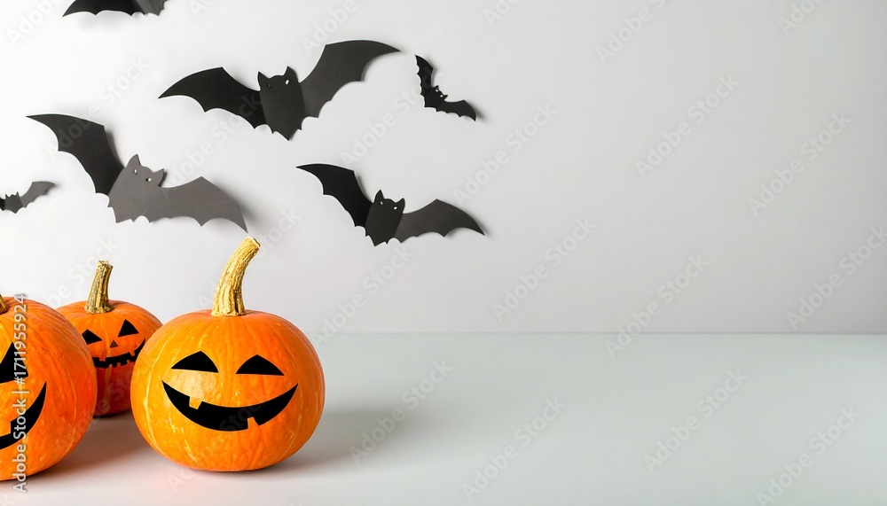 Fototapeta premium Cheerful Halloween Still Life: Jack-o'-Lantern Pumpkins and Paper Bats