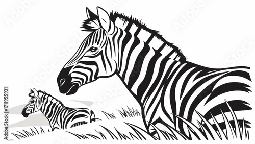 Stylized Zebra Illustration Adult and Foal in Grassland Setting.