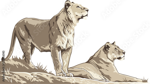 Two lionesses on a rocky outcrop wildlife art sepia tones.
