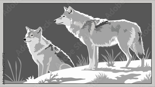 Two Wolves in a Monochromatic Illustration Wildlife Art Gray Scale Canid Image Animal Portrait Nature Scene.