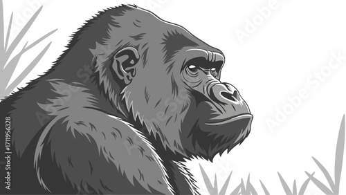 Western Lowland Gorilla Profile Monochromatic Illustration Wildlife Animal Portrait Grey Scale Ape Primate Vector Art.