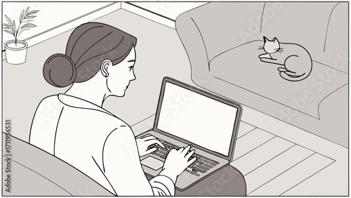 Woman working on laptop at home with a cat on the sofa.