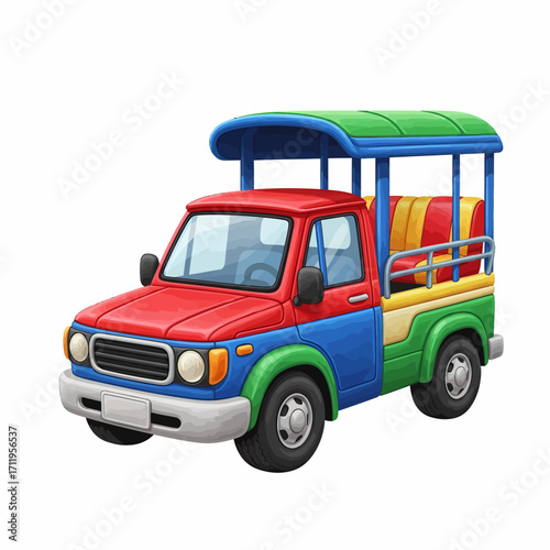 A colorful cartoon-style pickup truck with a canopy and passenger benches, isolated on a white background.