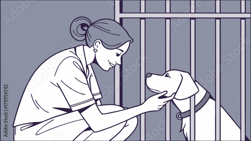 Woman comforting a dog in a cage vector illustration pet adoption animal shelter veterinary care.