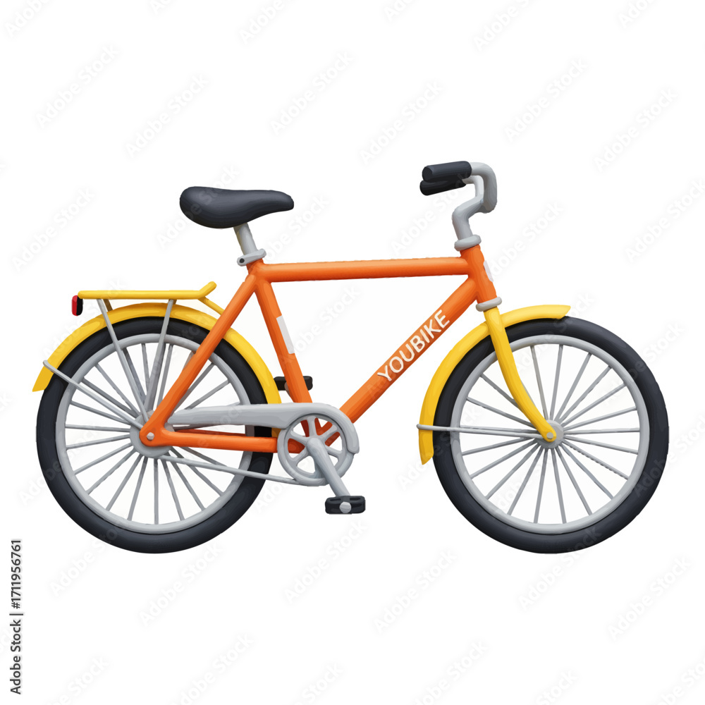 Obraz premium A bright orange and yellow bicycle with a black seat and fenders, parked against a white background.
