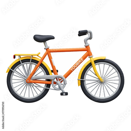 A bright orange and yellow bicycle with a black seat and fenders, parked against a white background.