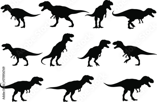 Tyrannosaurus rex silhouettes, dinosaur poses, prehistoric animal vector, fossil reptile art, Jurassic predator design, ancient wildlife illustration, 