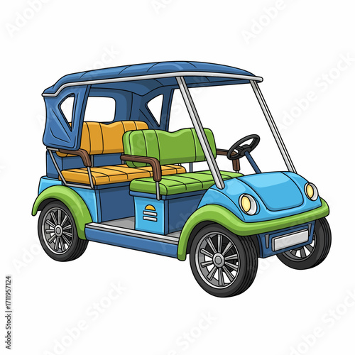 A colorful cartoon illustration of a blue and green multi-seater electric golf cart or shuttle buggy isolated on a white background.