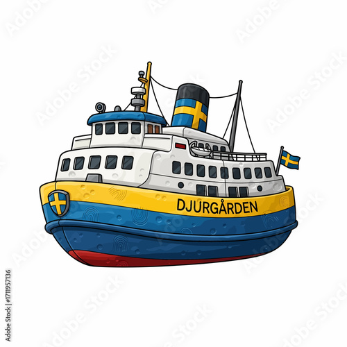 A cartoon illustration of the Djurgården ferry, a blue and yellow passenger boat with Swedish flags.