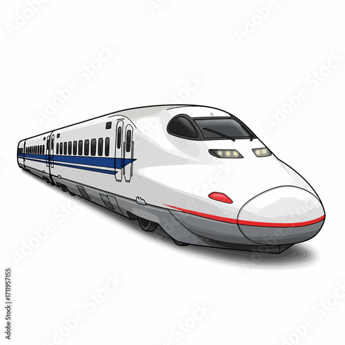 A sleek white and blue bullet train, also known as a high-speed train, depicted in a modern illustration with a dynamic perspective.