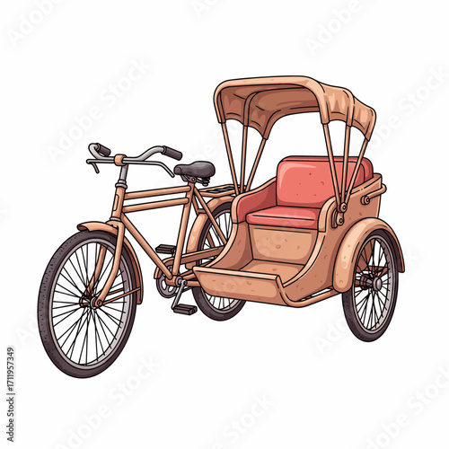 A hand-drawn illustration of a traditional beige and pink rickshaw, a three-wheeled passenger vehicle, on a white background.