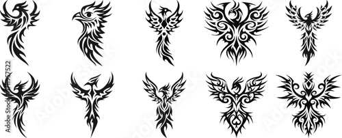 Collection of Tribal Phoenix Tattoo Designs in Black Ink – Abstract Firebird, Mythical Bird, Winged Phoenix Art, Symbol of Rebirth and Strength