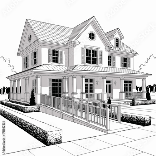 house, home, architecture, building, sketch, drawing, outline, monochrome, illustration, clipart, design, ramp, accessibility, inclusive, structure, residence, exterior, facade, porch, entrance, windo
