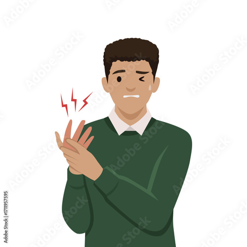 Man in a green sweater holding his injured hand with a painful expression, finger pain or bruise. Flat vector illustration isolated on white background