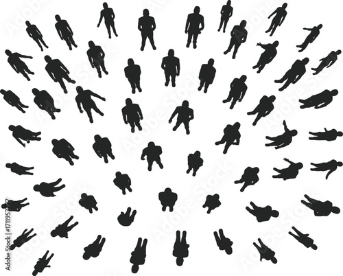 Silhouette people walking in radial pattern, top view concept, human figures, crowd motion, diversity, movement, perspective, urban population, community, aerial formation