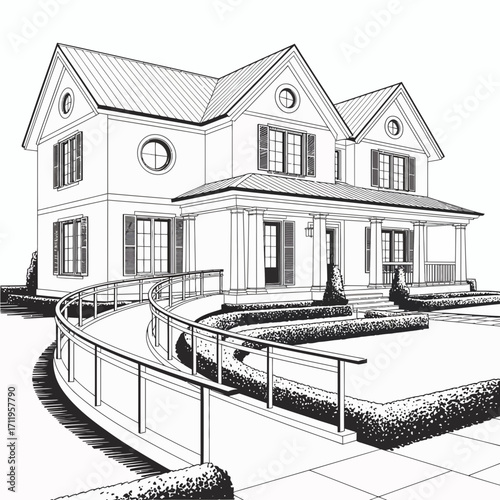 house, home, architecture, building, sketch, drawing, outline, monochrome, illustration, clipart, design, ramp, accessibility, inclusive, structure, residence, exterior, facade, porch, entrance, windo
