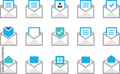 Collection of stylized email and message icons with blue and green accents