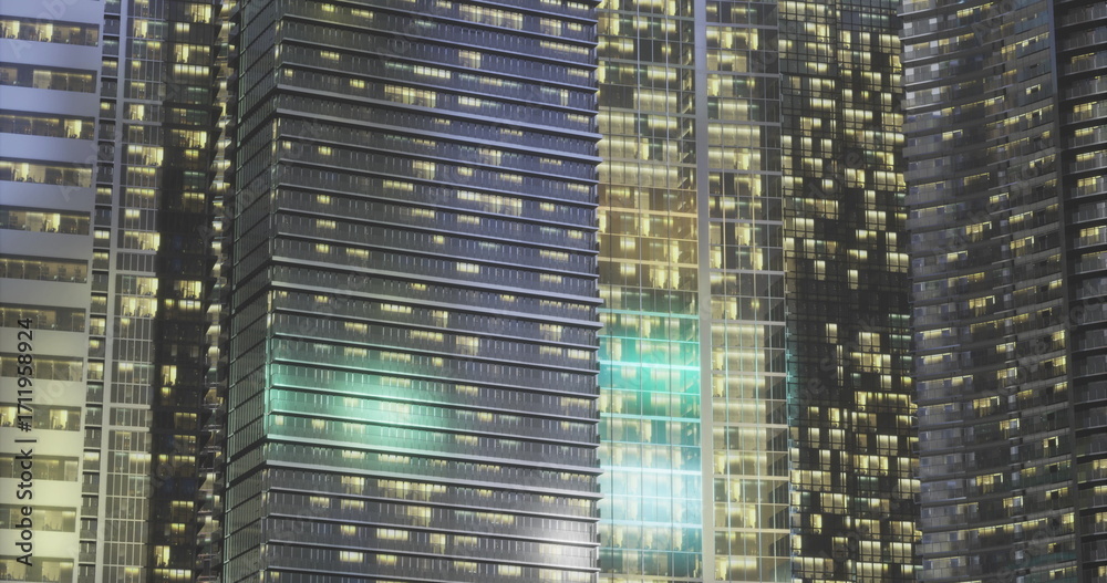 Obraz premium Bright lights adorn tall skyscrapers in a lively cityscape at night. Reflections shimmer on glass surfaces, creating a vibrant urban atmosphere filled with energy and movement.