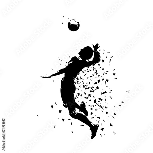 Volleyball player, woman playing, isolated vector silhouette with dispersion effect, side view. Female volleyball logo