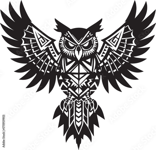 Tribal owl tattoo design with spread wings art