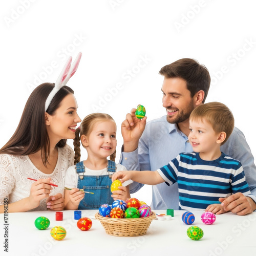 Happy family decorating colorful easter eggs together isolated on transparent background