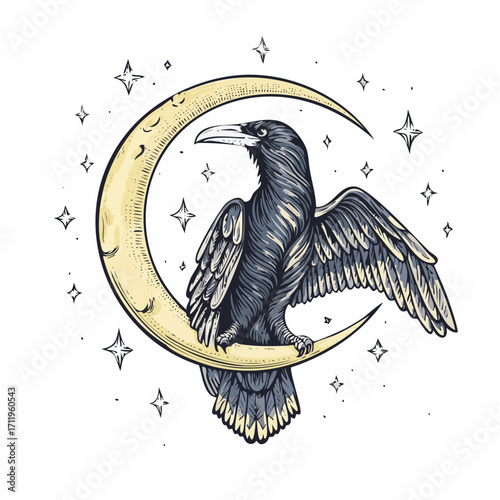 Enchanting celestial illustration of a wise raven perched on a luminous crescent moon, surrounded by sparkling stars, evoking cosmic wonder and nocturnal magic