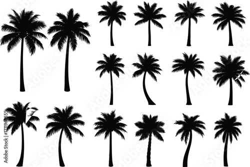 Palm tree silhouettes, tropical botanical icons, black and white design, exotic landscape elements, nature illustration, coastal flora shapes, island vibe art