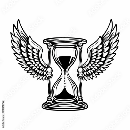 Elegant winged hourglass symbolizing the fleeting nature of moments and the swift flow of existence, a powerful emblem of impermanence and speed, captured in a classic illustrative style
