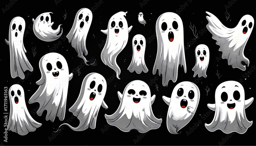 Obraz premium Adorable Cartoon Ghosts with Various Expressions and Poses for Halloween.