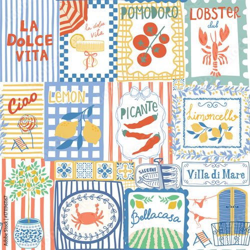 Italian summer posters collage seamless pattern. Mediterranean vacation mosaic print. Cute Dolce vita wallpaper. Lettering, text Lobster club, tomato, lemon. Vector patchwork background textile design