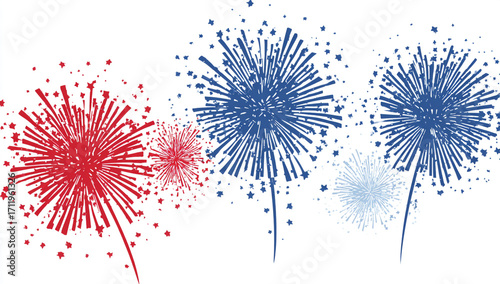 Red, white, and blue fireworks exploding in the night sky isolated on white background