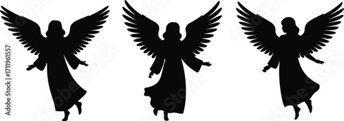 Silhouette three angels flying, angelic figures with wings, spiritual heavenly beings, divine protectors, black vector design, religious symbols, celestial grace, faith and hope concept