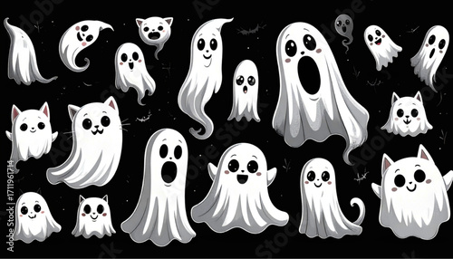 Cute Cartoon Ghosts and Cats in Various Poses